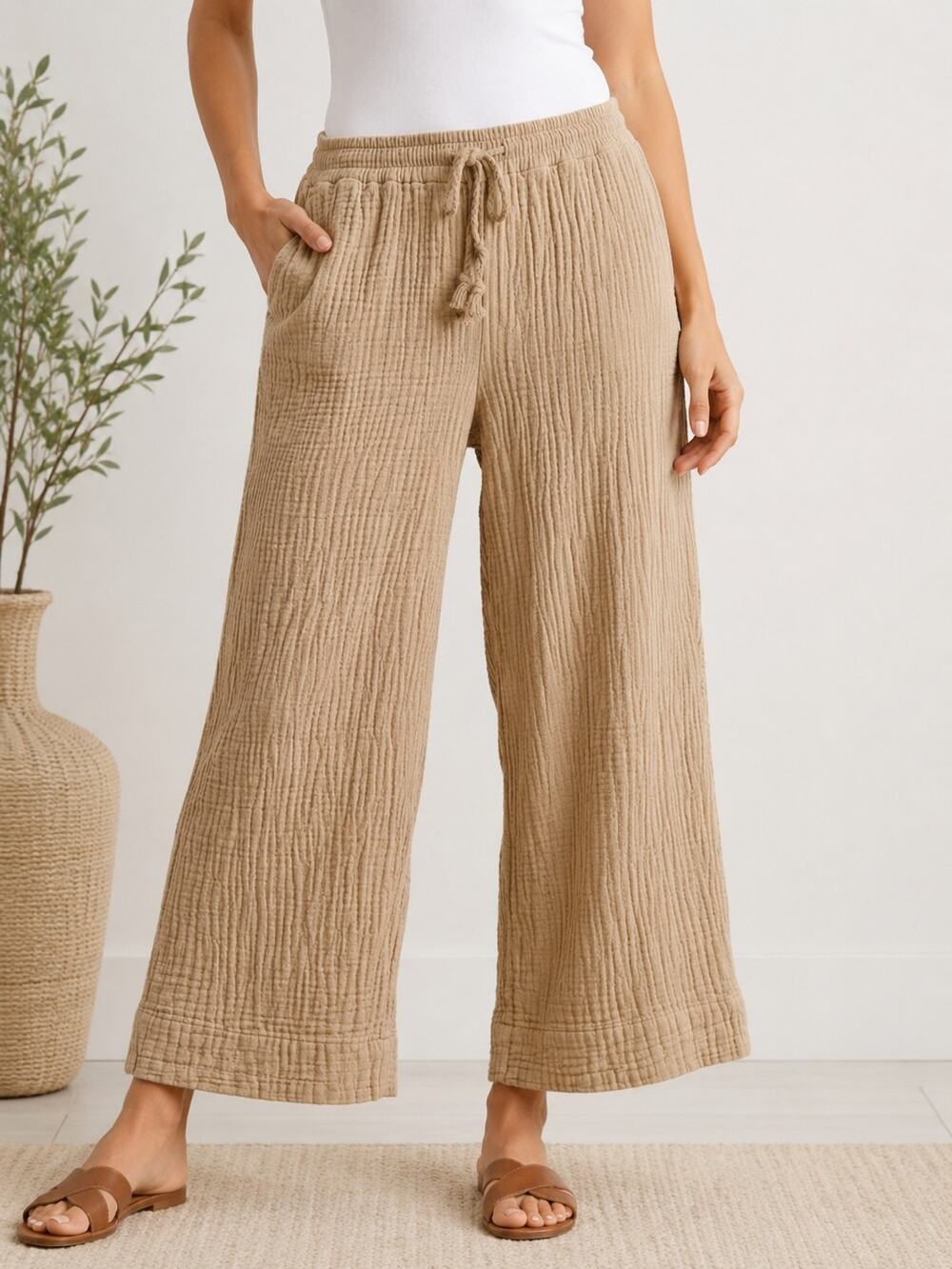 J Jill Womens Petite M Cotton Gauze Pants Tan Camel Wide Leg Pull On Drawstring
